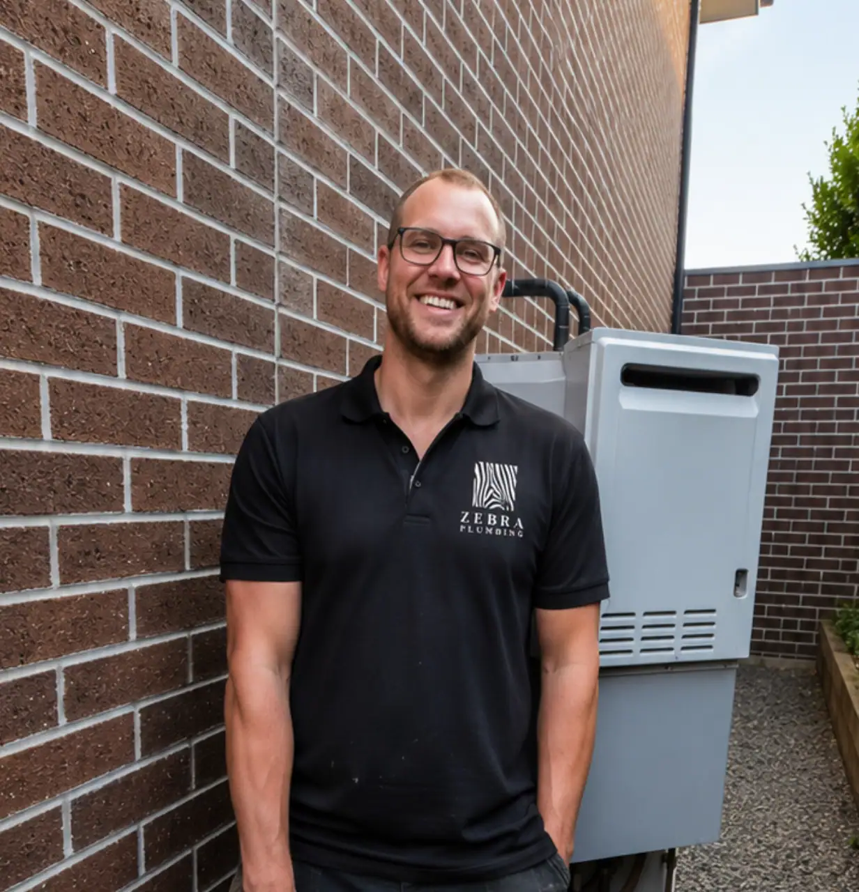Will, plumber at Zebra Plumbing, standing beside a hot water system with his plumbing tools.