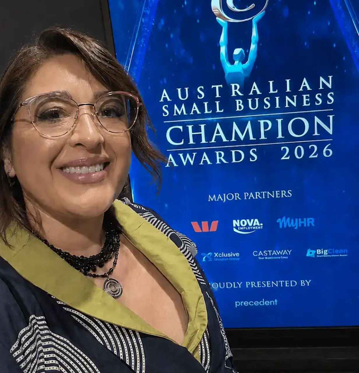 Amy Slabbert smiling at Australian Small Business Champion Awards 2026.